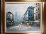 une peinture à l'huile représentant une scène de rue en ville avec des passants qui marchent dans la rue