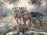 painting of two horses pulling a carriage through a puddle of water