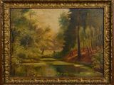 an oil painting of a river in a wooded area with trees