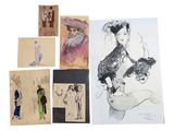 several drawings of women in dresses and hats are displayed on a table
