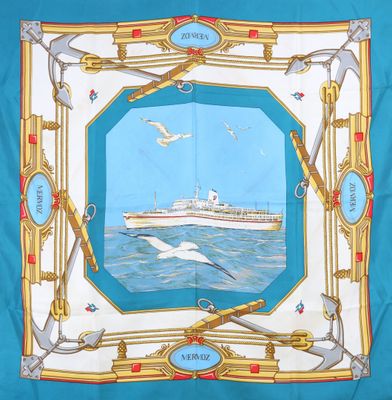 a picture of a scarf with a picture of a ship on it