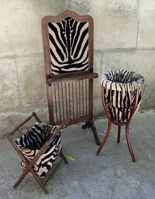 deux chaises et une chaise recouverte d'une housse à motif zèbre