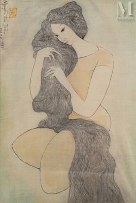 dessin représentant une femme tenant un chat dans ses bras