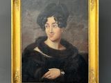 a painting of a woman in a fur coat is on a easel