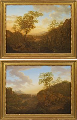 deux tableaux représentant des arbres dans un paysage montagneux, dont l'un se trouve au premier plan