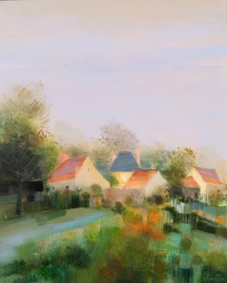 une reproduction d'un tableau représentant des maisons dans un décor champêtre