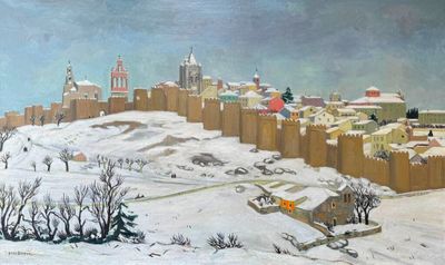 peinture représentant une ville enneigée avec un château en arrière-plan