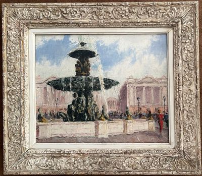 an oil painting of a fountain in front of a building