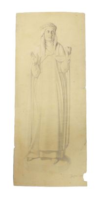 an old drawing of a woman in a robe holding a staff