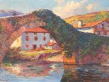 an oil painting of a bridge over a river with houses in the background