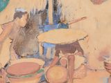 a painting of a woman preparing food in a kitchen