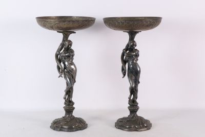 pair of antique bronze candlesticks with female figurines on stands