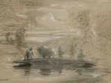 dessin représentant un groupe de personnes dans un bateau sur une rivière