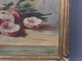 a painting of peaches on a table with a blue background