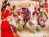 une vieille affiche représentant un groupe d'hommes à cheval devant un bâtiment
