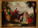 an image of a painting of a man on a horse being led by a group of people
