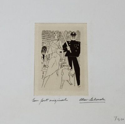 un dessin en noir et blanc représentant un homme en uniforme et une femme en robe