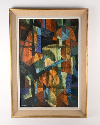 painting of abstract shapes in a gold frame on a white wall