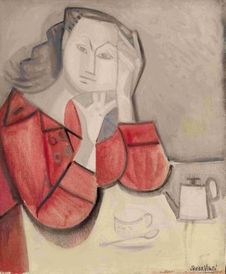 tableau représentant une femme assise à une table avec une tasse de café