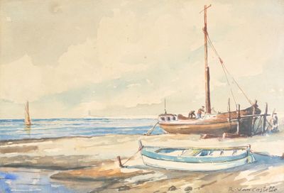 une peinture d'un bateau sur la plage au bord de l'eau