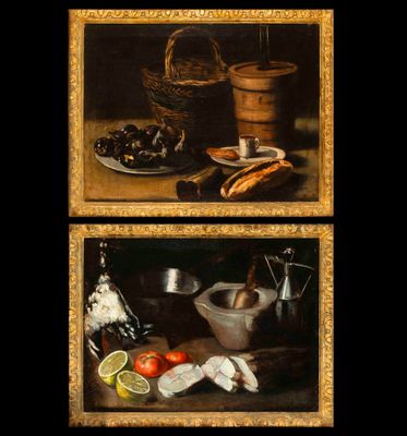 two paintings of food on a table with a bowl of fruit and a basket of fish