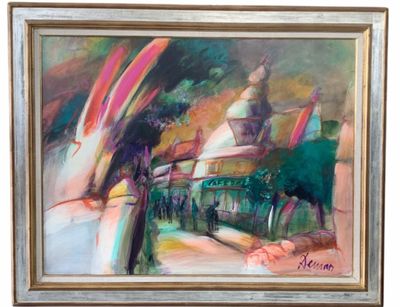 an image of a painting of a building with a clock tower in the background