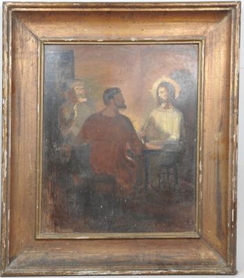 an oil painting of a group of people sitting around a table