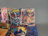 a lot of comic books sitting on a table