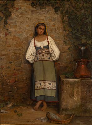 painting of a woman standing in front of a brick wall