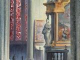 painting of a painting of a church with a statue in the foreground