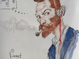 drawing of a man with a beard and a flower on his head