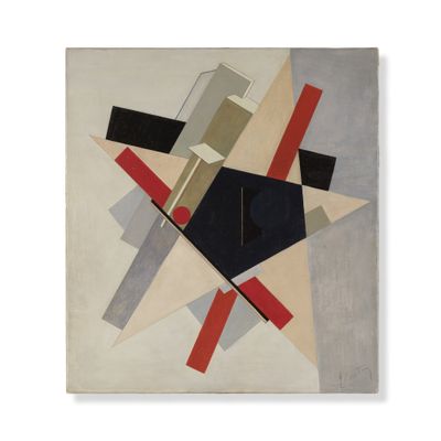 an abstract painting with a geometric design on a white background