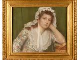 painting of a woman in a bonnet and dress sitting in front of a green background