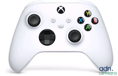 a close up of a white xbox controller on a white surface