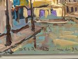 a painting of a boat on a river with buildings in the background