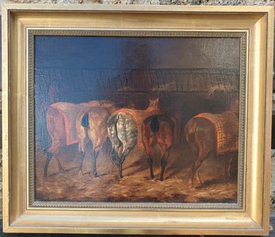 tableau représentant un groupe de chevaux dans une écurie, près d'un mur de pierre
