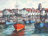 painting of boats in a harbor with buildings in the background