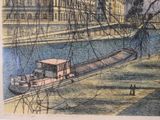 a drawing of a boat on a river with a building in the background