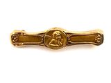 a close up of a gold tie bar on a white background