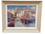 painting of boats in a harbor with buildings in the background