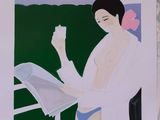 painting of a woman reading a newspaper while sitting in a chair