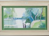 an oil painting of a river scene with trees and water