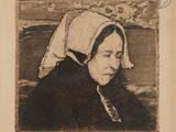 portrait of an old woman with a bonnet on her head in a black and white photo