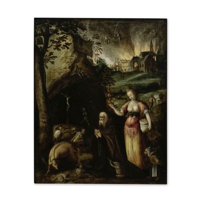 un tableau représentant un homme et une femme dans un paysage peuplé d'animaux