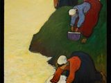 une peinture à l'huile représentant un groupe de personnes en train de laver du linge par terre