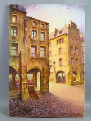 an oil painting of a street scene with old buildings and cobblestones
