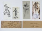 several drawings of a skeleton and other items on a table