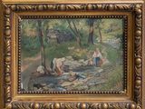 painting of a woman washing clothes in a stream in a wooded area
