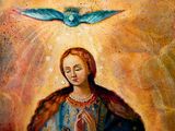 painting of a painting of a woman with a bird above her head