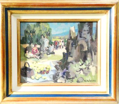 a painting of a group of people sitting in a park